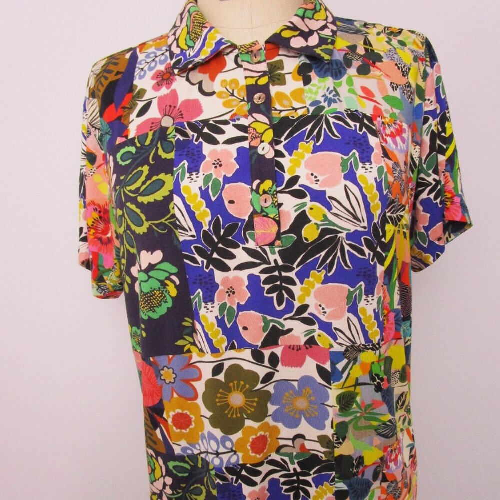 Collar Jersey Bamboo Knit Patchwork Floral Pearl Buttons